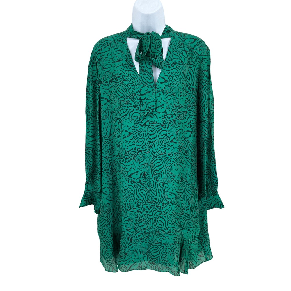 Parker Dress Women L Green Silk Blend Tie Neck Keyhole Animal Print Luxury Boho